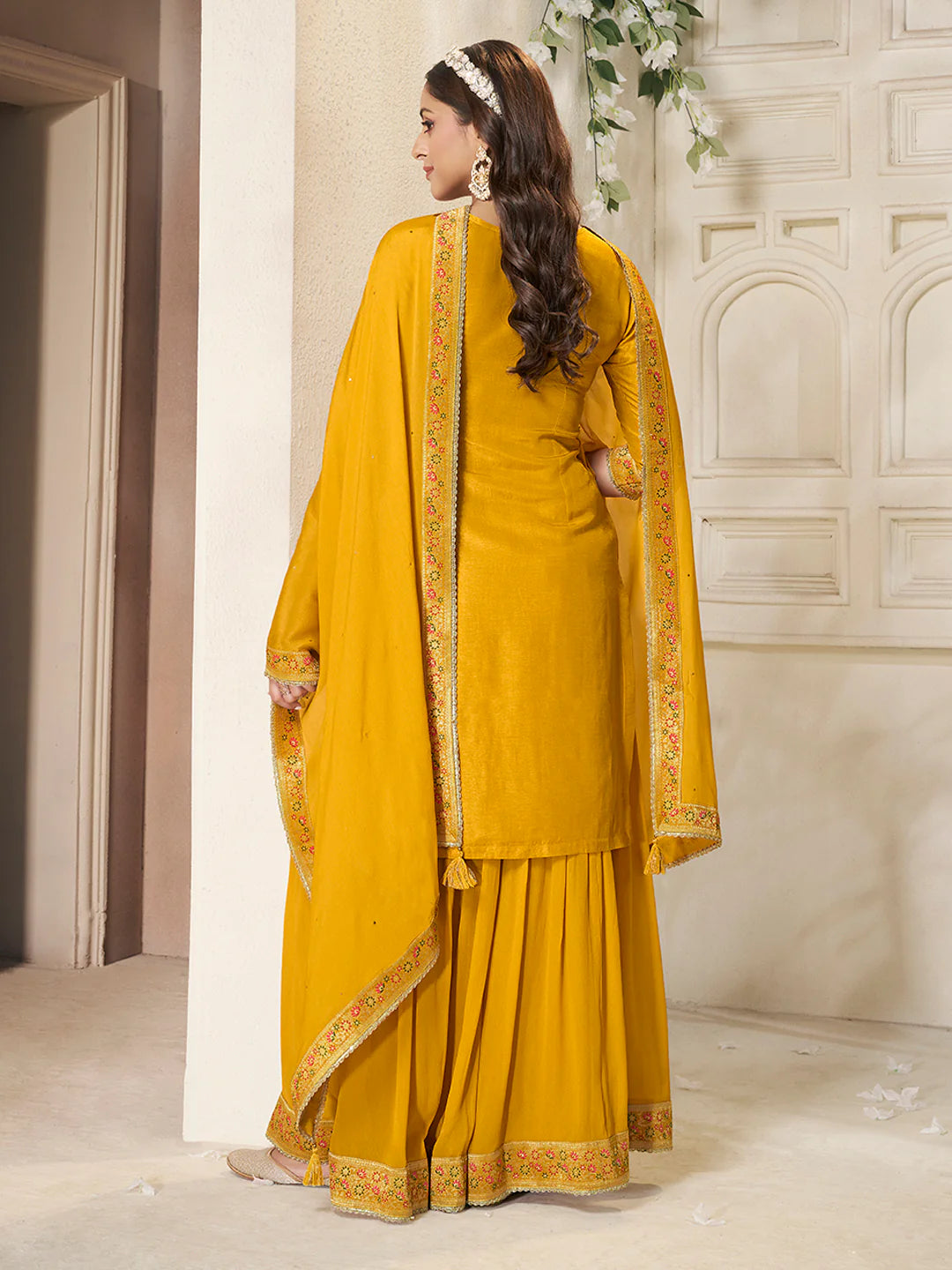 Sitara – Yellow Dola Silk Floral Jacquard Kurta with Plazo & Dupatta – 3 Pcs
