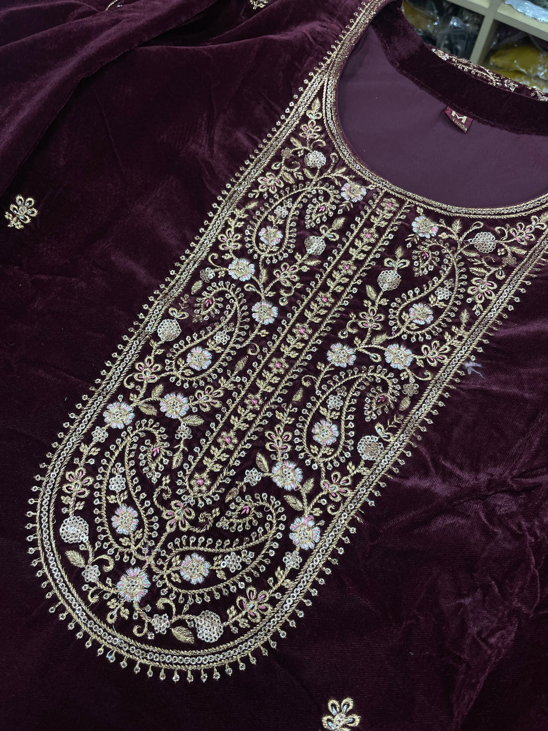 Qamar - Maroon Velvet Kameez - Embroidered & Gem work - 3Pcs