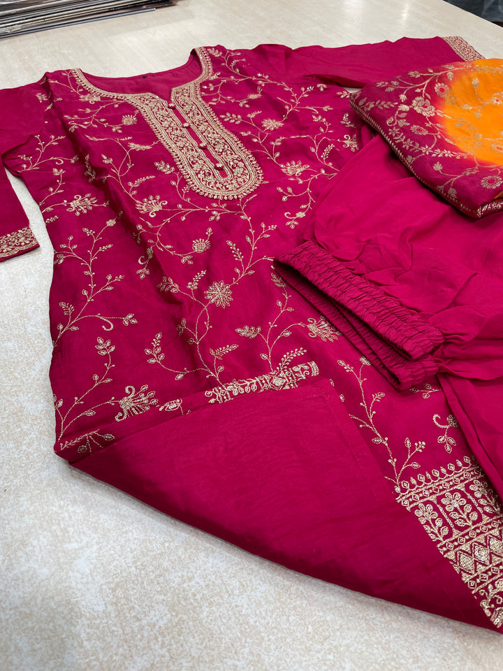 Aleeza – Cerise Pink Pure Silk Embroidered Set with Jacquard Dupatta - 3pcs