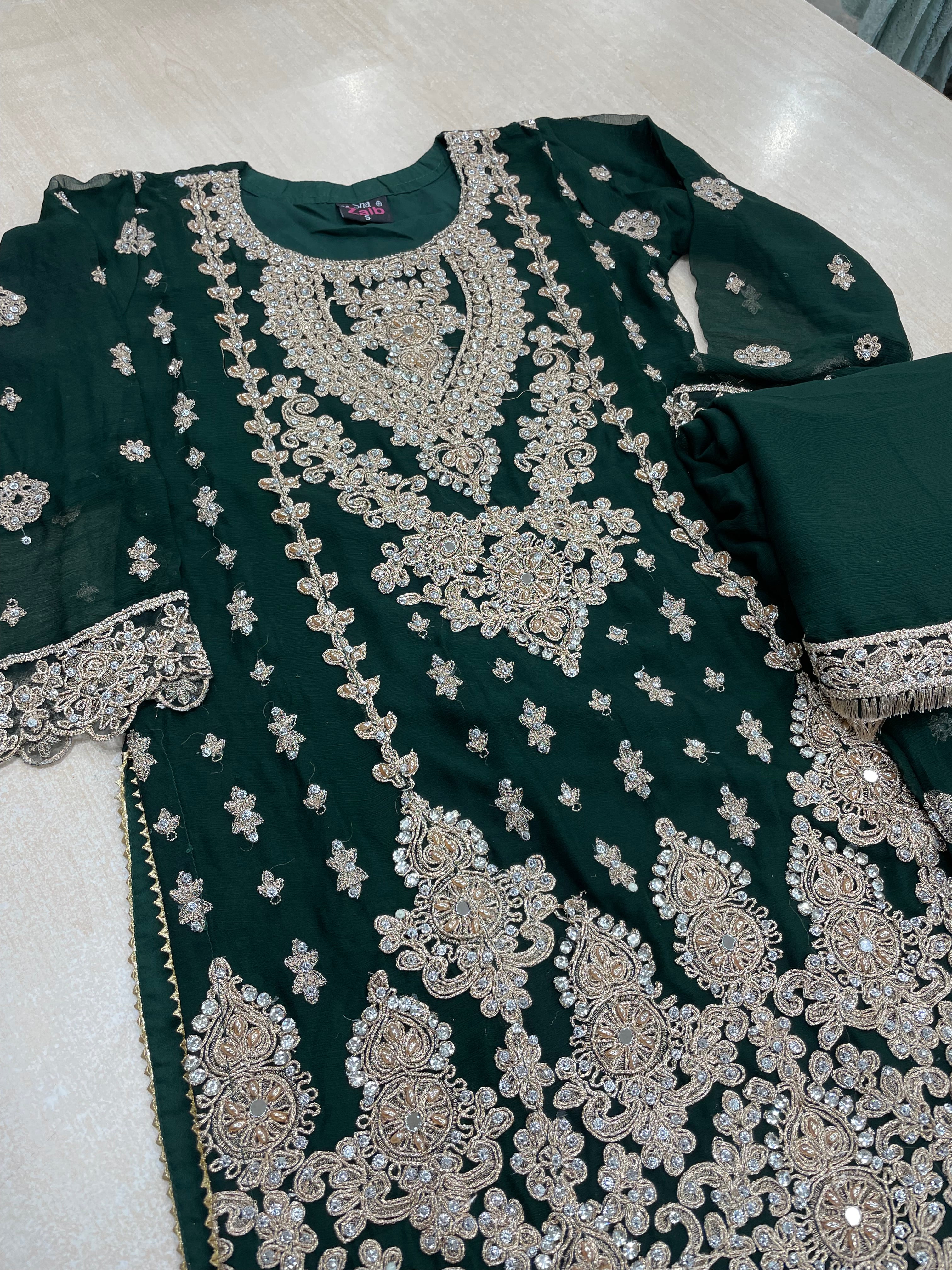 Green embroidered Plazo - Rose Gold Embroidered & Gem work - 3Pcs