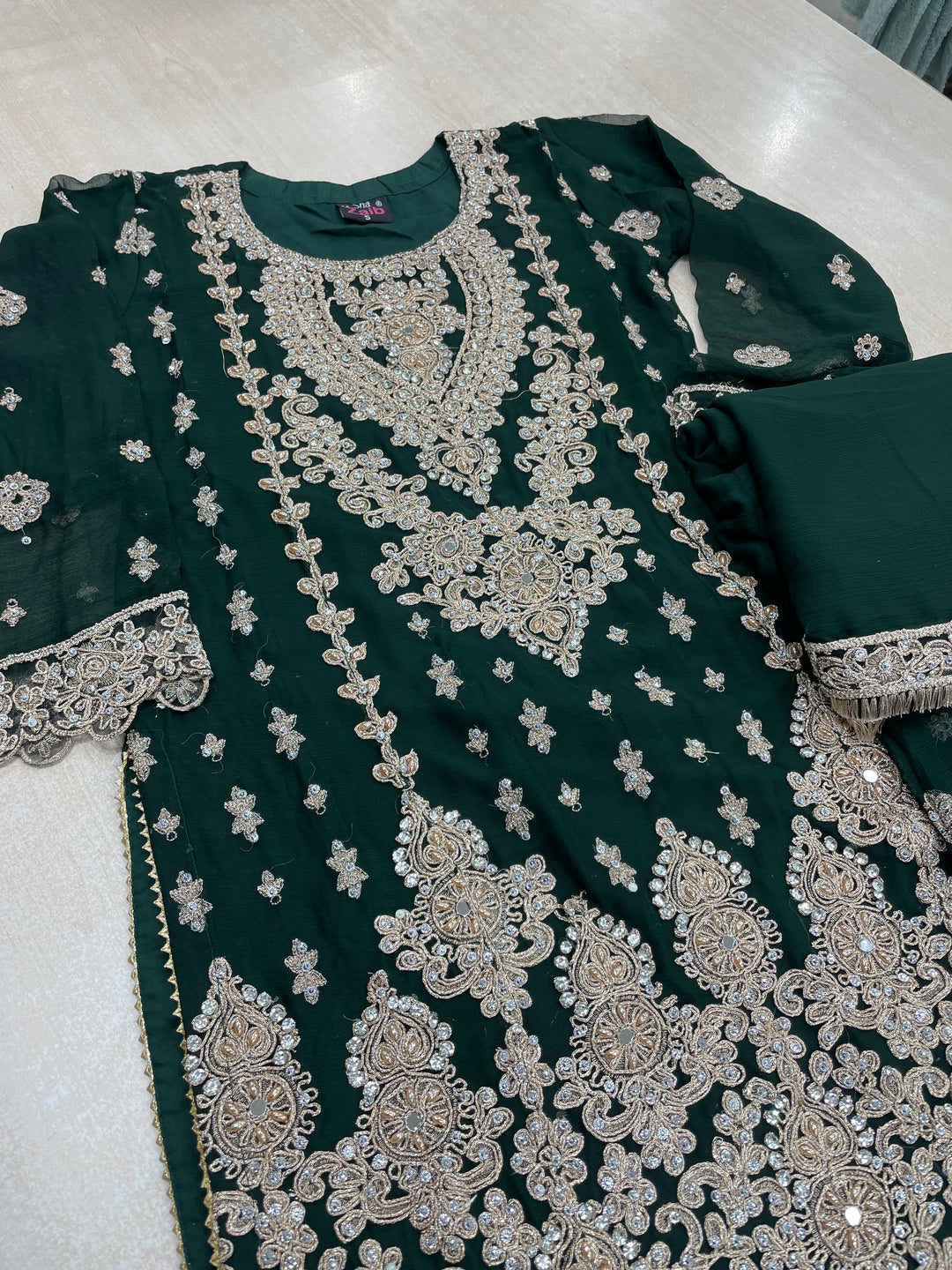 Aisha - Green embroidered Plazo - Rose Gold Embroidered & Gem work - 3Pcs