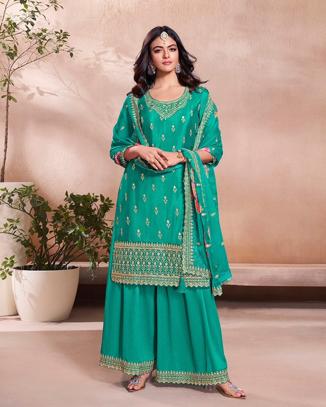 Mahira – Teal Green Sequins Embroidered Kurti Plazo Set with Digital Floral Dupatta – 3 Pcs