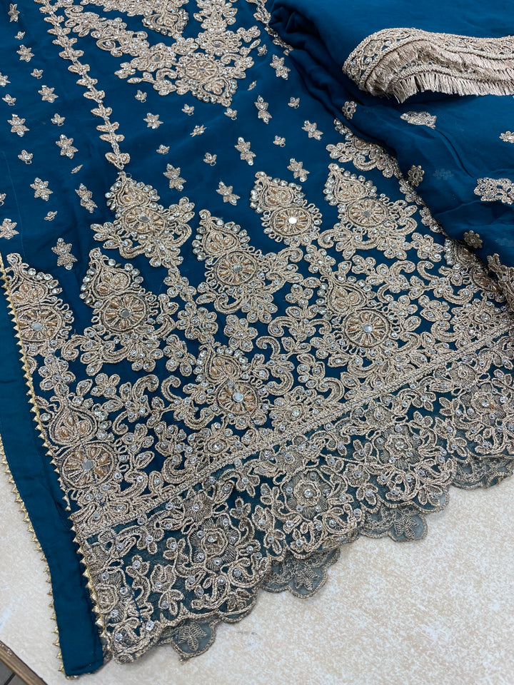 Aisha - Teal embroidered Plazo - Rose Gold Embroidered & Gem work - 3Pcs