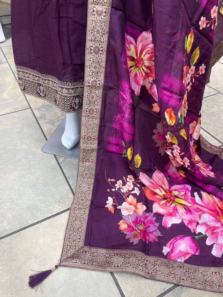 Isra – Purple Bhagalpuri Silk Anarkali with Digital Print Dupatta – 2 Pcs