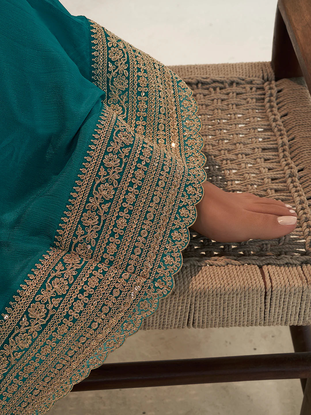Sareen – Teal Dola Silk Embroidered Straight Kurta with Sequinned plazo Dupatta – 3 Pcs