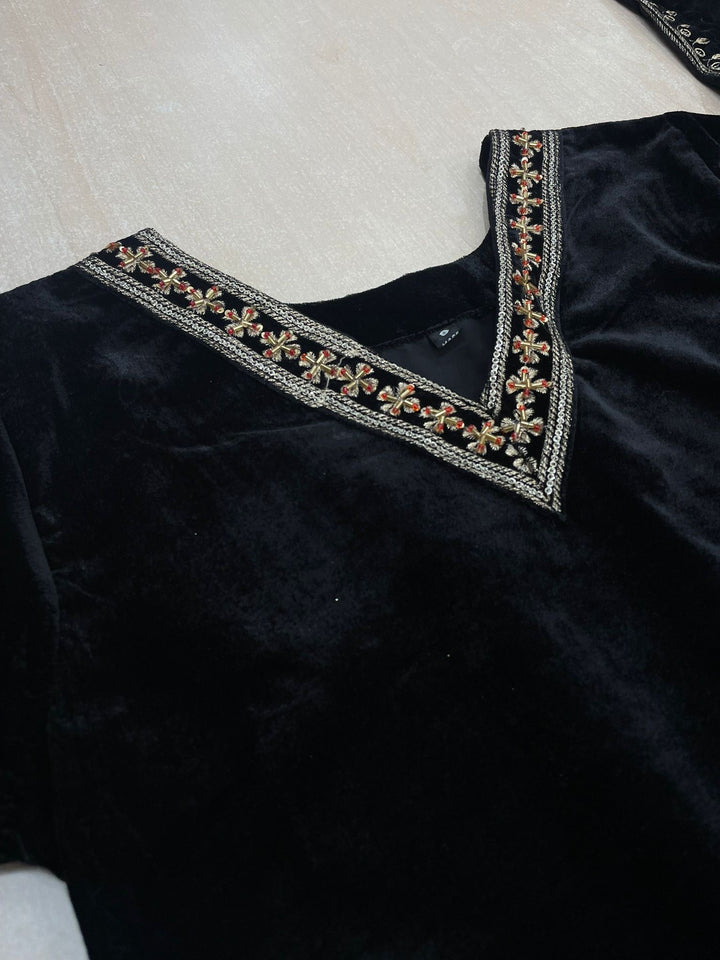 Noura - Black Velvet Kameez - Embroidered & Gem work - 3Pcs