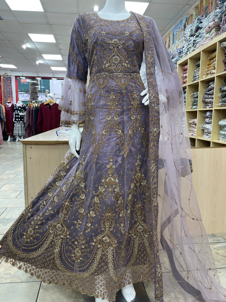 Jannah - Lavender Heavy Embroidered Net Party Gown with Bell Sleeves/Copper Gold Embroidered - 3pcs