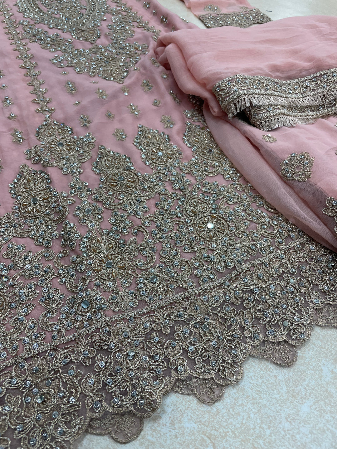 Aisha - Pink embroidered Plazo - Rose Gold Embroidered & Gem work - 3Pcs