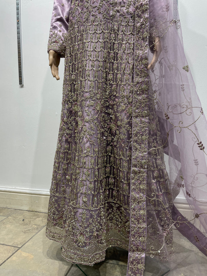 Yusra - Dusky Lavender Heavy Embroidered Net Party Gown with White Gold Embroidered - 3pcs