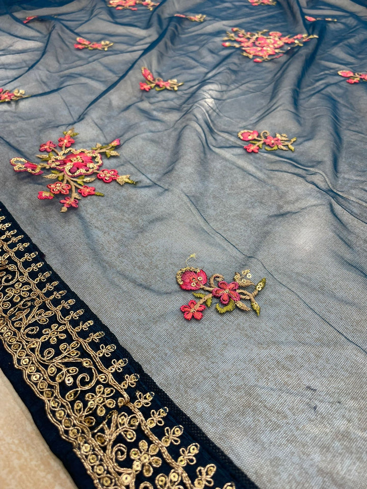 Marwah - Navy Blue Embroidered Anarkali with Net Dupatta - 3 Pcs