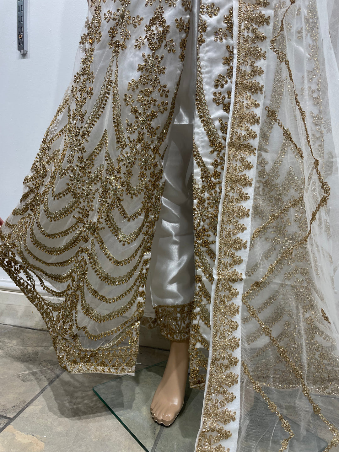 Meher - White Heavy Embroidered Gown with Front Split - 3pcs