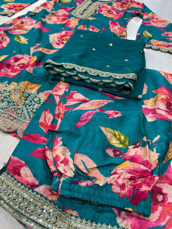 Nura - Teal - Pure Silk Printed Plazo Kameez with Georgette Dupatta - Co-ord - 3pcs