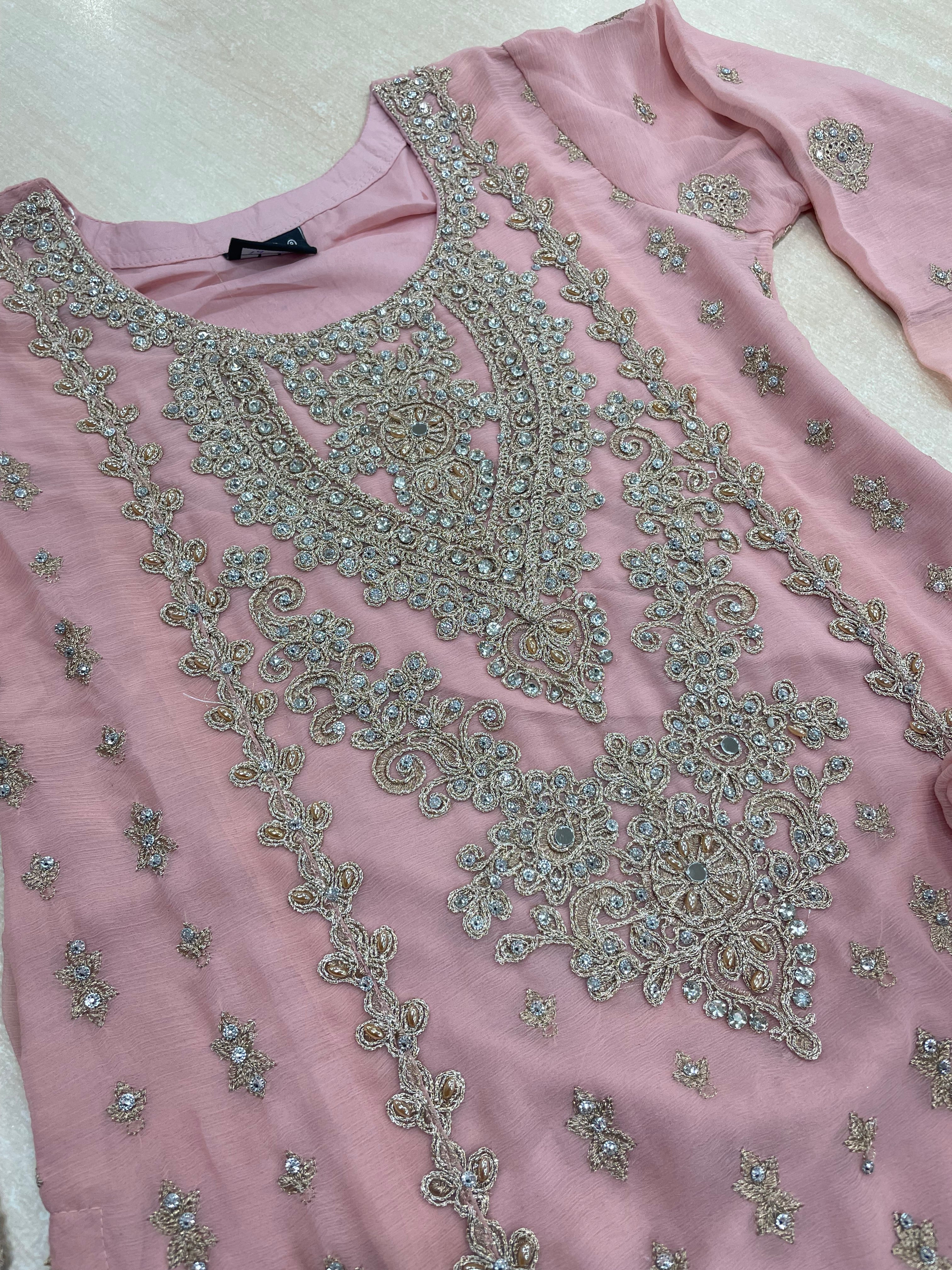 Pink embroidered Plazo - Rose Gold Embroidered & Gem work - 3Pcs