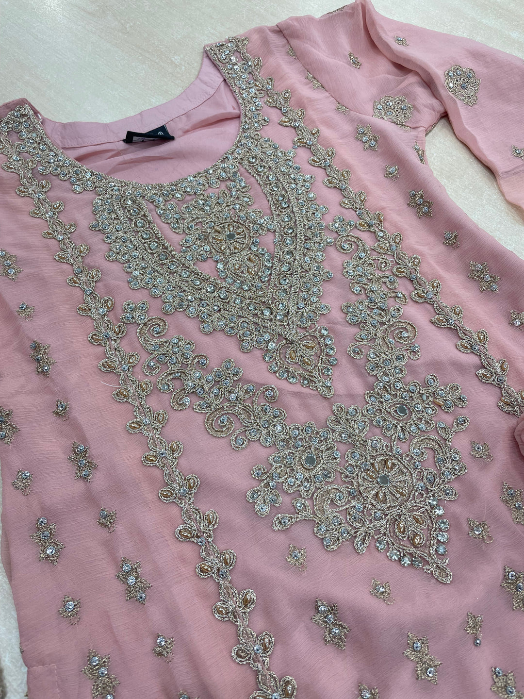 Aisha - Pink embroidered Plazo - Rose Gold Embroidered & Gem work - 3Pcs