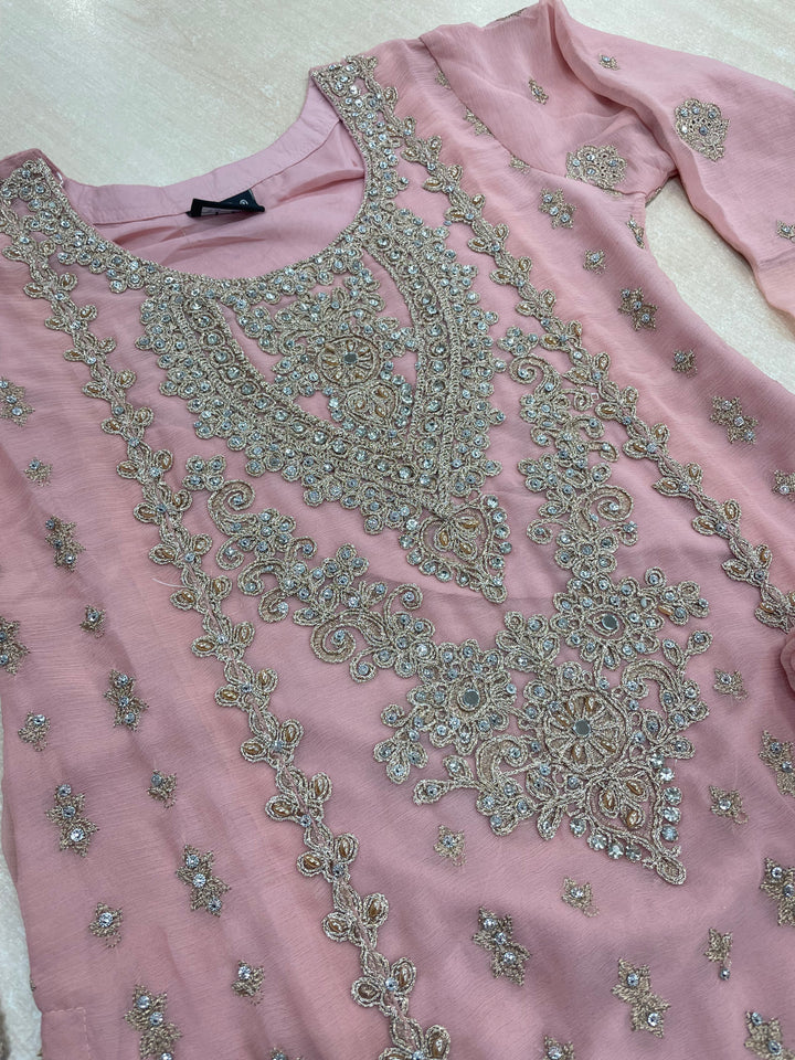 Aisha - Pink embroidered Plazo - Rose Gold Embroidered & Gem work - 3Pcs