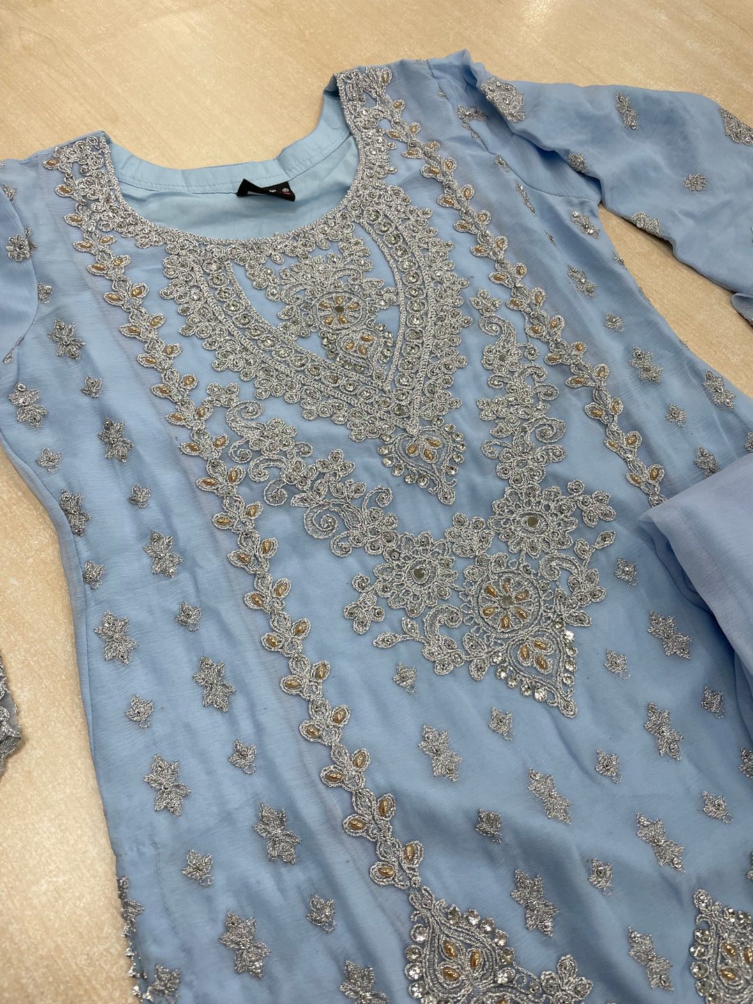 Aisha - Sky Blue embroidered Plazo - Silver Embroidered & Gem work - 3Pcs