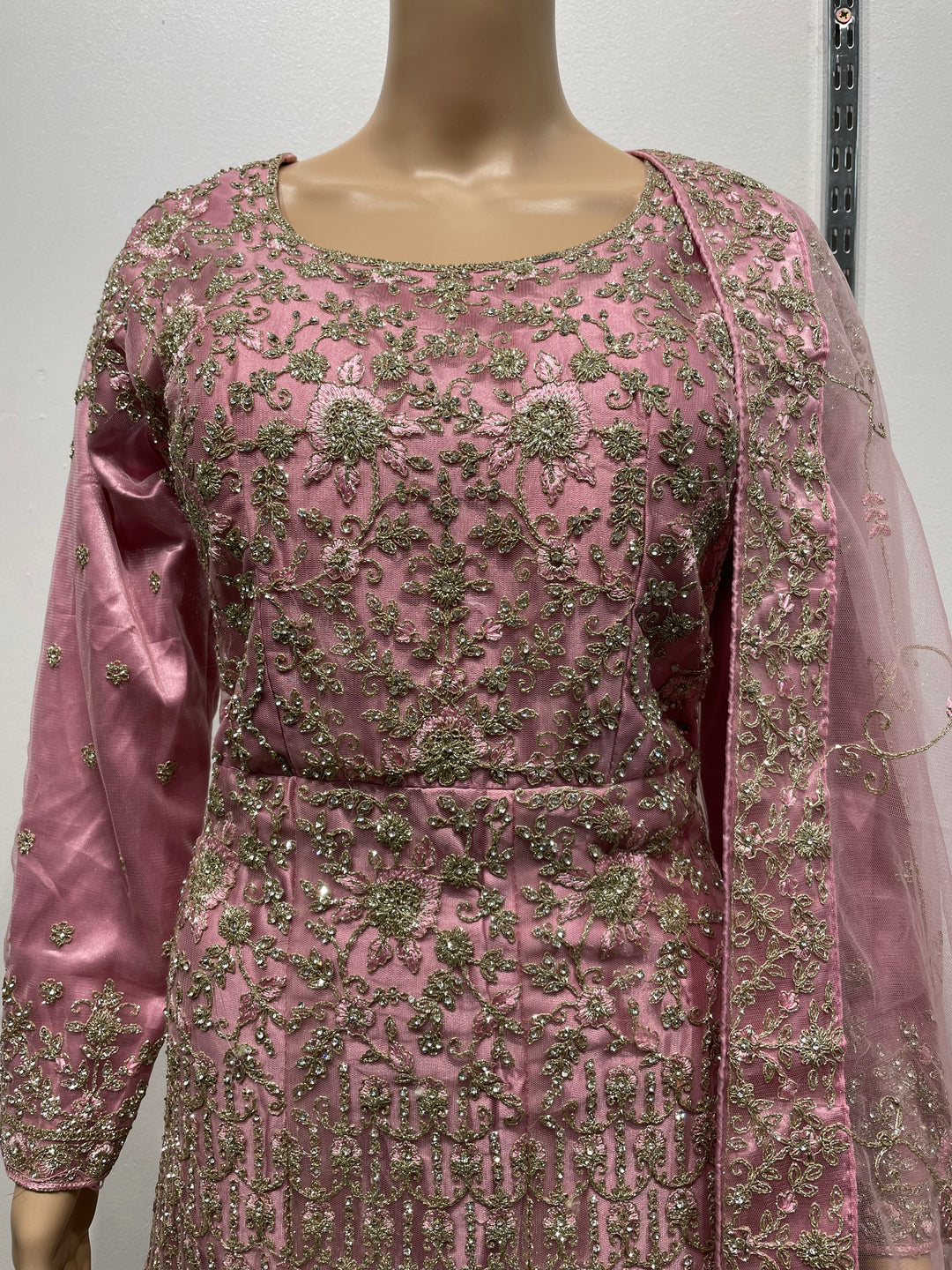 Yusra - Light Pink Heavy Embroidered Net Party Gown with White Gold Embroidered - 3pcs