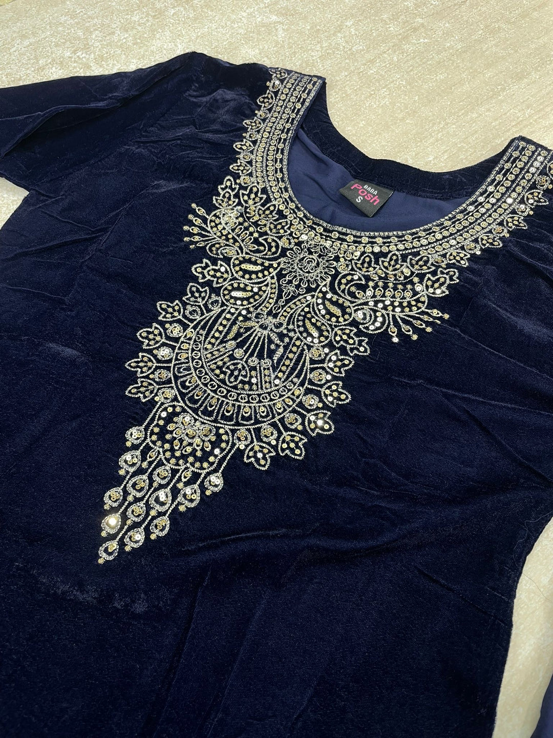 Zayrah - Blue Velvet Kameez with Plazo - Embroidered & Gem work - 3Pcs