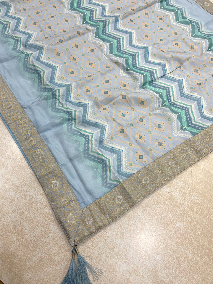 Yasmin - Sky Blue Bhagalpuri Silk Frock with Digital Print Dupatta - 2pcs