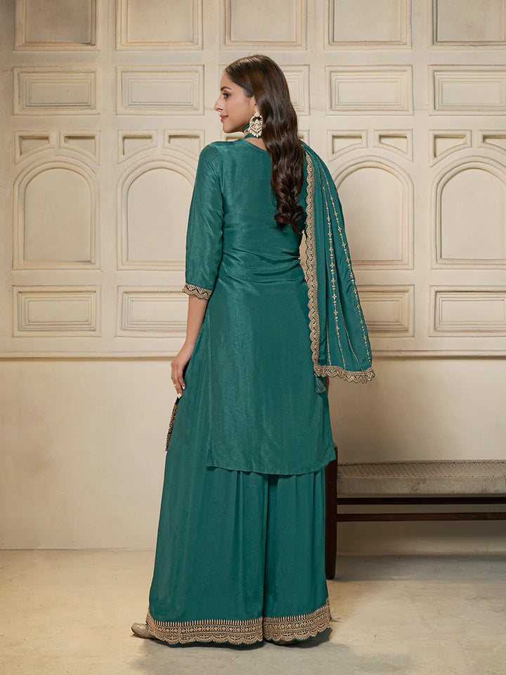 Abeer – Pastel Teal Green Dola Silk Printed Kurta with Sequinned Plazo Dupatta – 3 Pcs