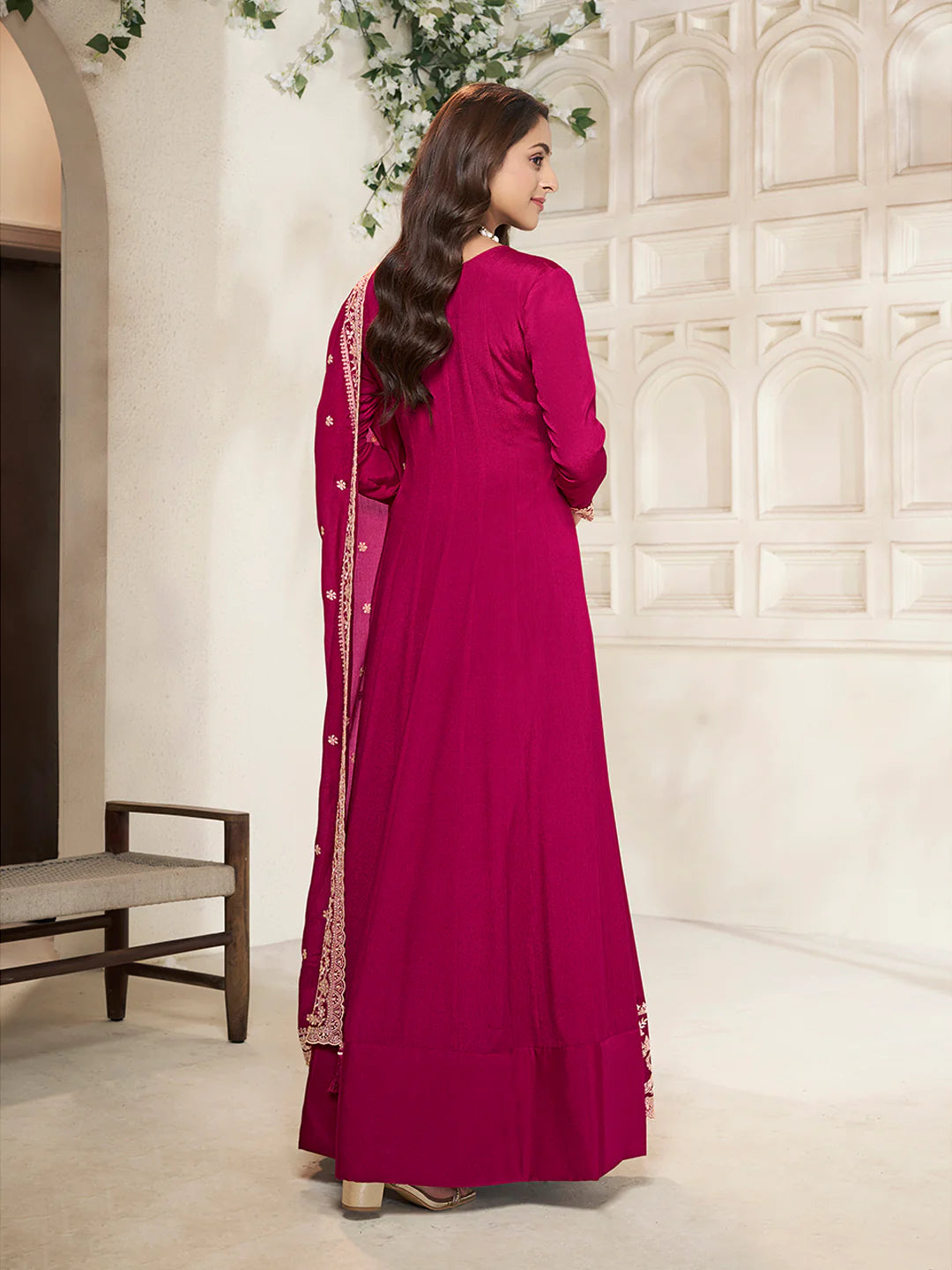 Nureh – Pink Chinon Embroidered Anarkali Suit with Scalloped Dupatta - 2pcs