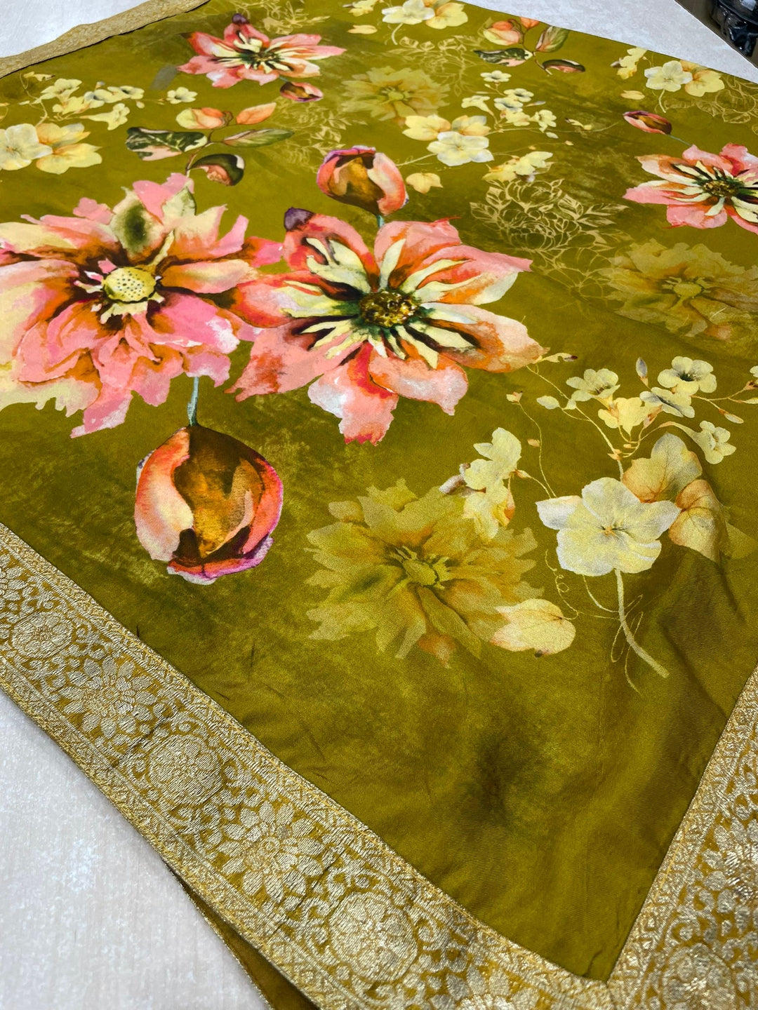 Floral Elegance – Mustard Yellow Digital Print Dupatta with Zari Border