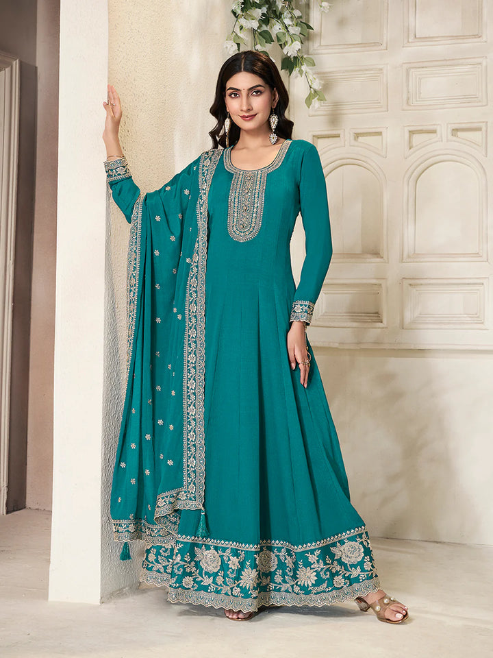 Nureh – Teal Chinon Embroidered Anarkali Suit with Scalloped Dupatta - 2pcs