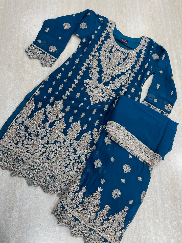 Aisha - Teal embroidered Plazo - Rose Gold Embroidered & Gem work - 3Pcs