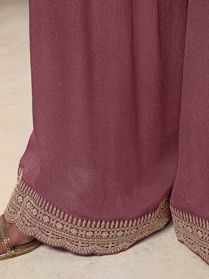 Abeer – Pastel Burgundy Dola Silk Printed Kurta with Sequinned Plazo Dupatta – 3 Pcs