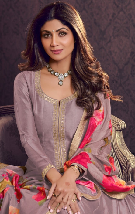 Khadija - Lavender Silk bottom Split Anarkali With Print Scarf - 3 Pcs