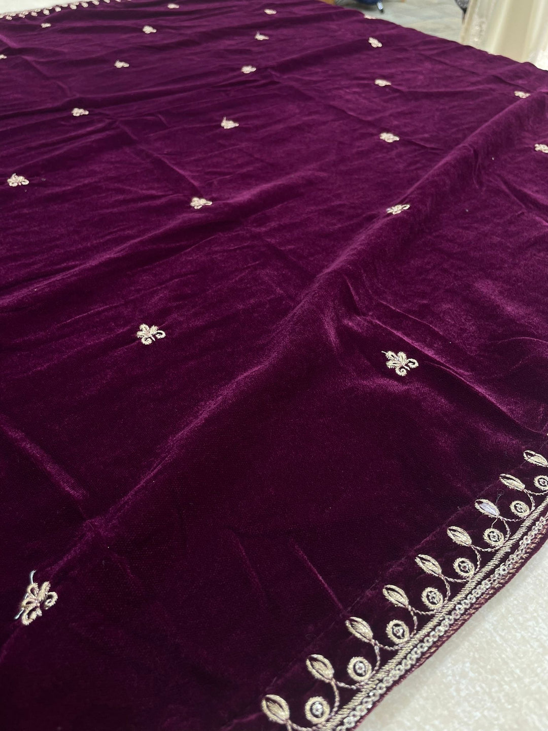 Noura - Purple Velvet Kameez - Embroidered & Gem work - 3Pcs