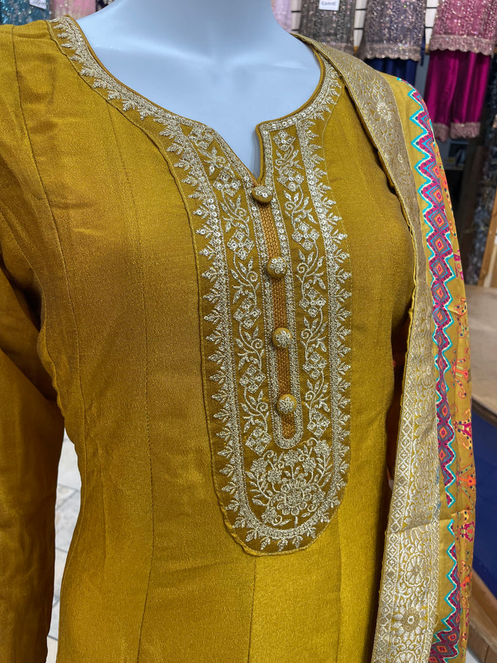 Dunya – Mustard Bhagalpuri Silk Anarkali with Digital Print Dupatta – 2 Pcs