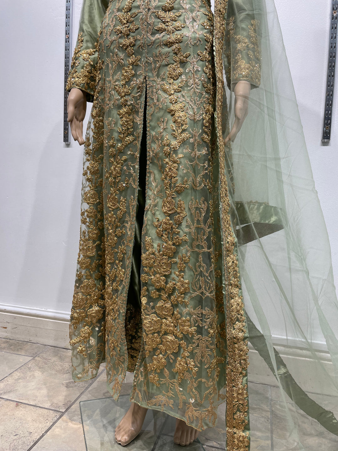 Meher - Mendhi Green Heavy Embroidered Gown with Front Split - 3pcs