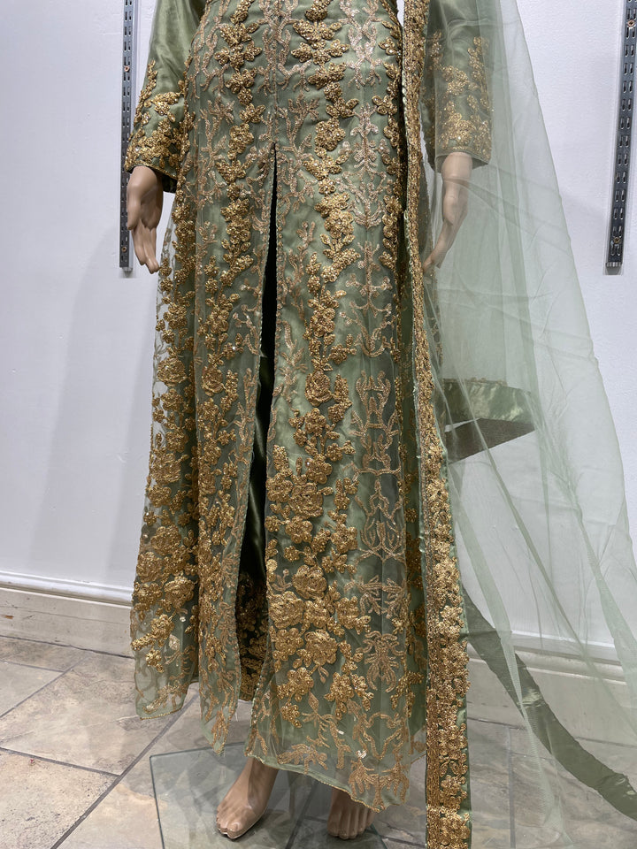 Meher - Mendhi Green Heavy Embroidered Gown with Front Split - 3pcs