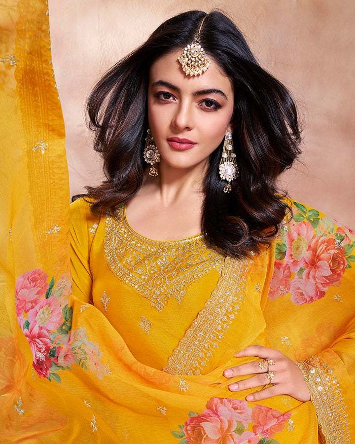 Mahira – Yellow Sequins Embroidered Kurti Plazo Set with Digital Floral Dupatta – 3 Pcs