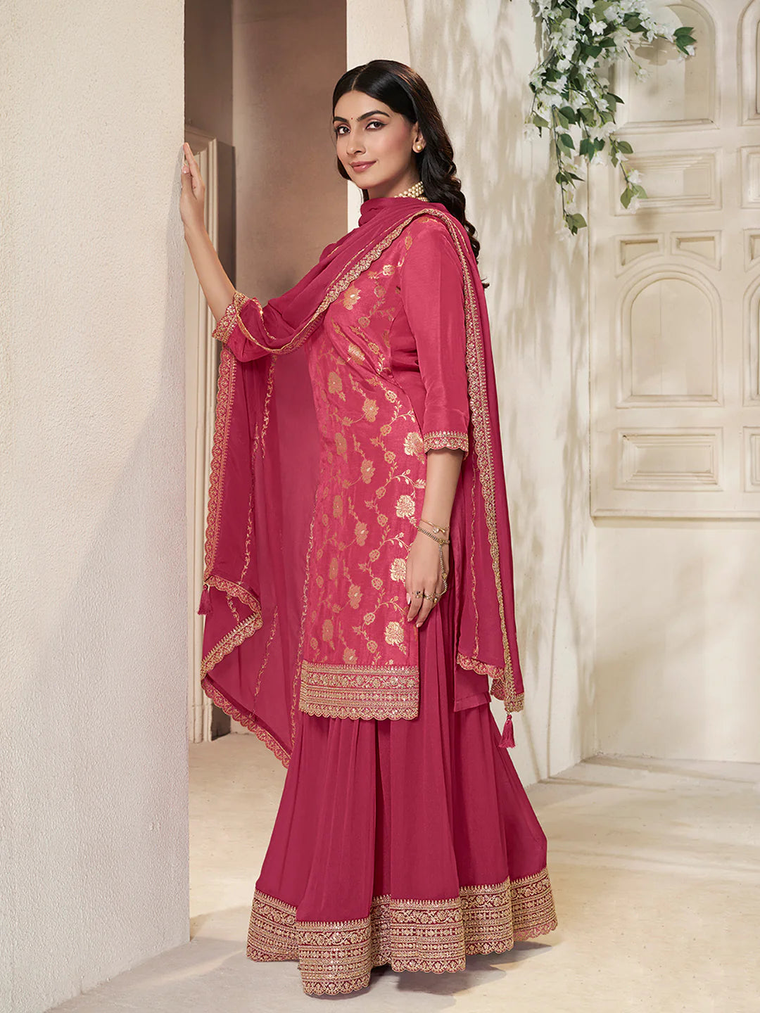 Sareen – Pink Dola Silk Embroidered Straight Kurta with Sequinned plazo Dupatta – 3 Pcs
