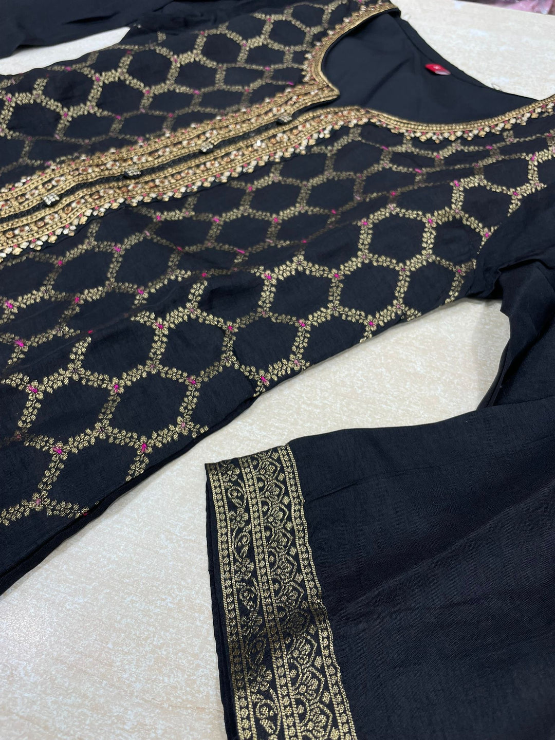 Aleena - Black Pure Viscose Dola with Embroidery Work & Digital Print Scarf - 3 Pcs