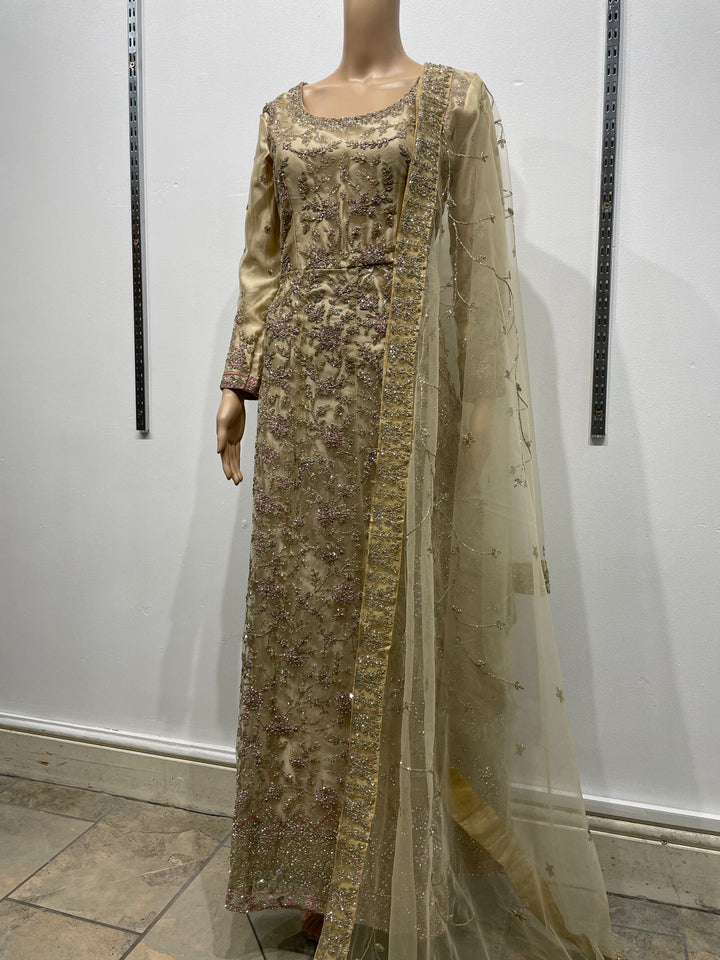 Safiya - Champagne Gold Heavy Embroidered Net Gown with Net Scarf - 3pcs