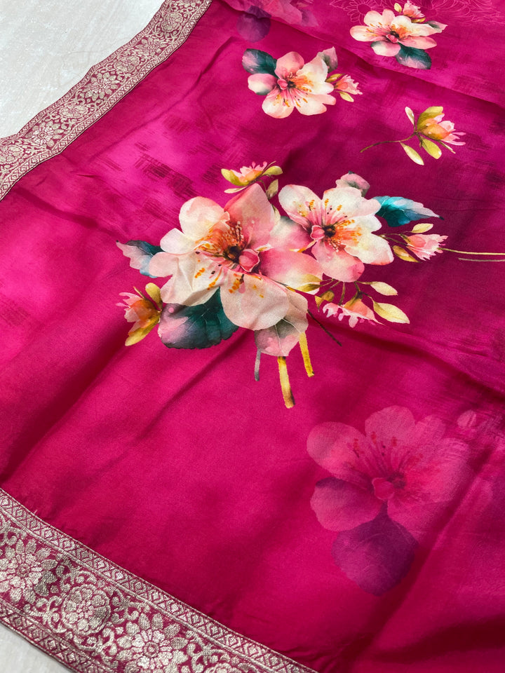Iman - Pink Silk embroidered Anarkali with digital print scarf - 3 Pcs