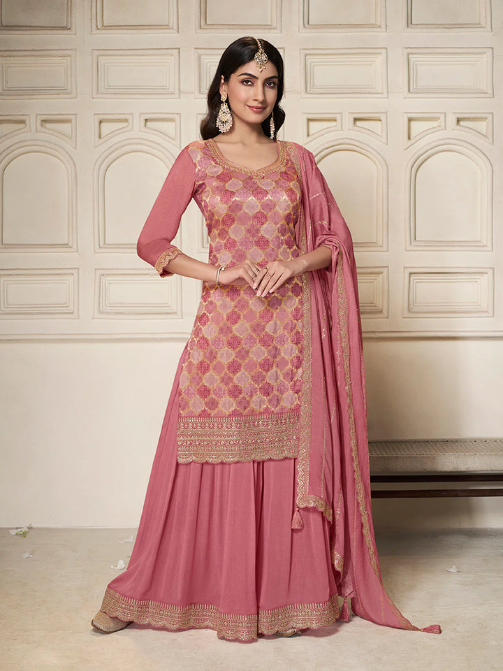 Abeer – Pastel Pink Dola Silk Printed Kurta with Sequinned Plazo Dupatta – 3 Pcs