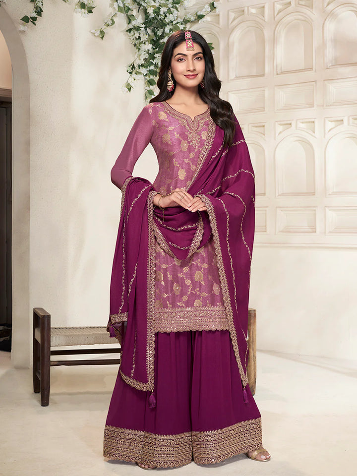 Sareen – Purple Dola Silk Embroidered Straight Kurta with Sequinned plazo Dupatta – 3 Pcs