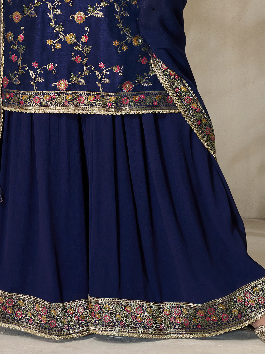 Sitara – Navy Blue Dola Silk Floral Jacquard Kurta with Plazo & Dupatta – 3 Pcs