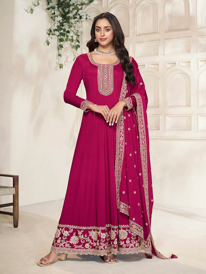 Nureh – Pink Chinon Embroidered Anarkali Suit with Scalloped Dupatta - 2pcs