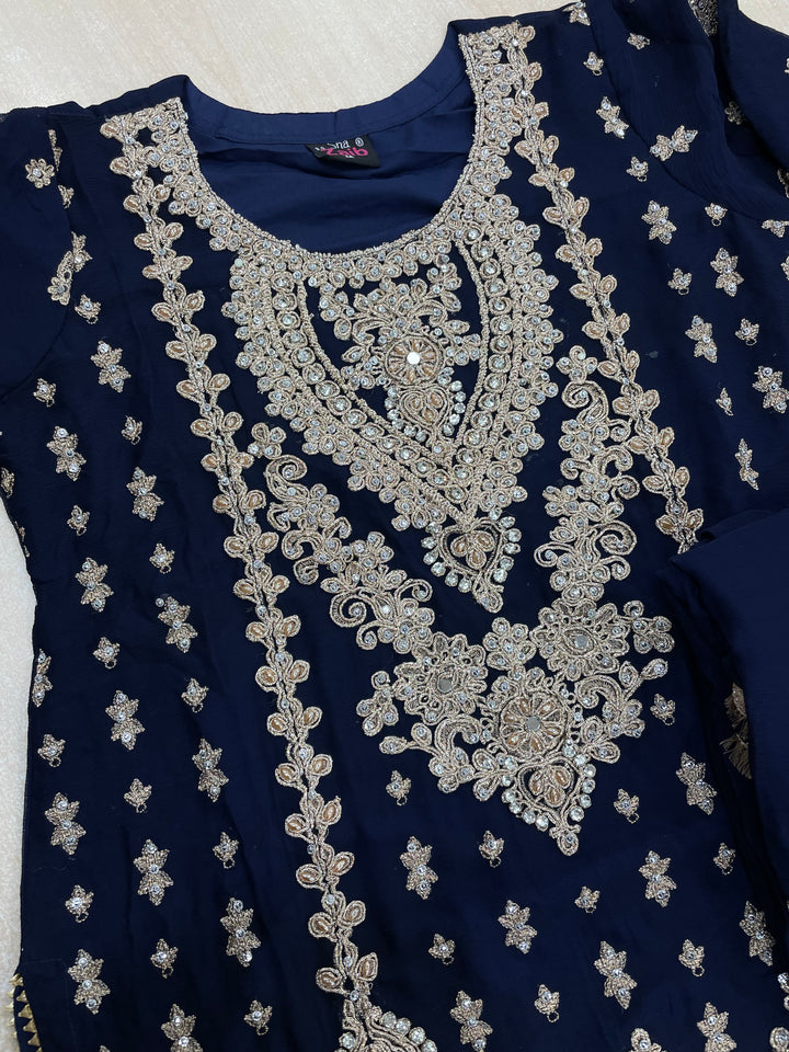 Aisha - Navy Blue embroidered Plazo - Rose Gold Embroidered & Gem work - 3Pcs