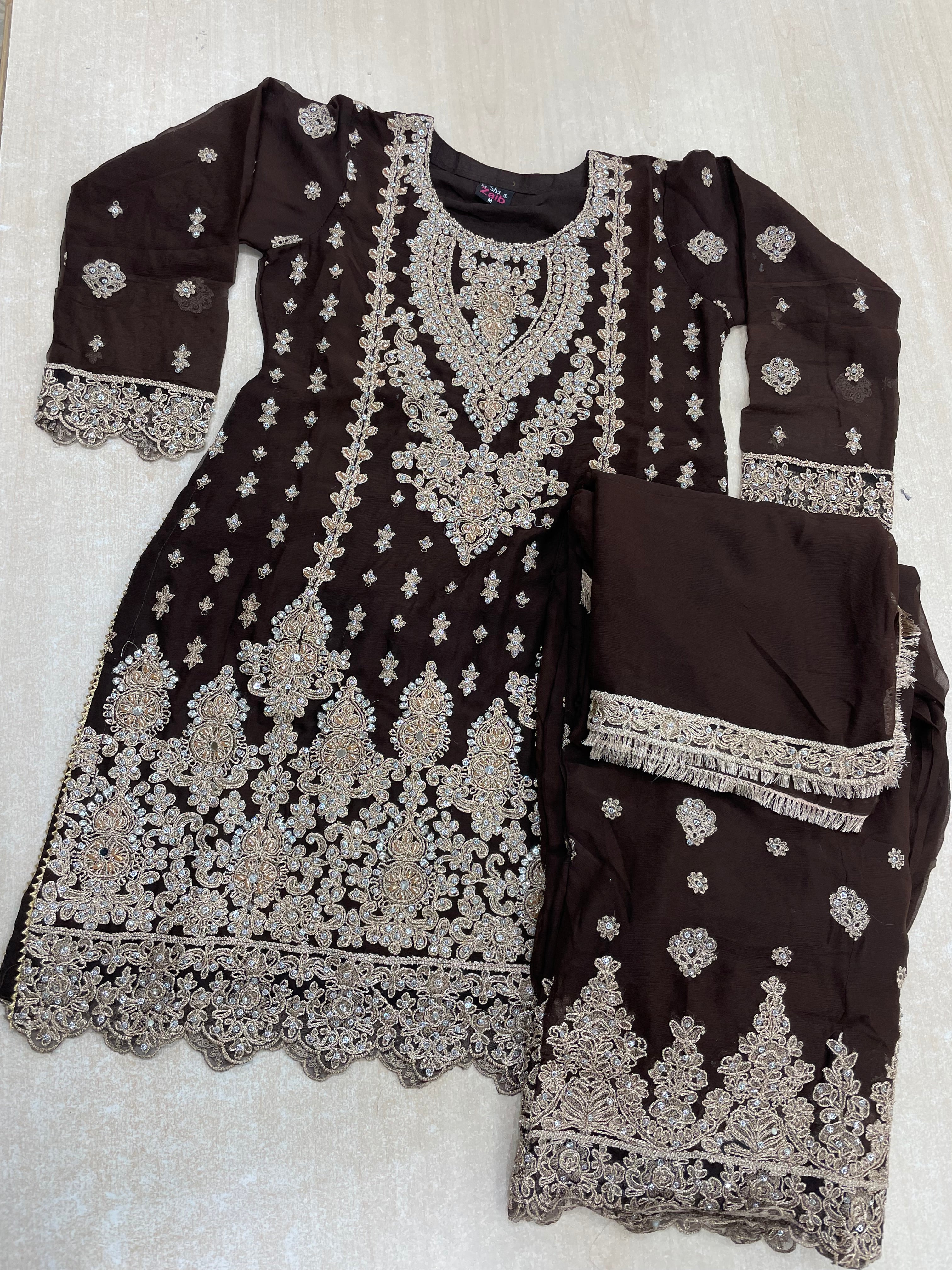 Brown embroidered Plazo - Rose Gold Embroidered & Gem work - 3Pcs