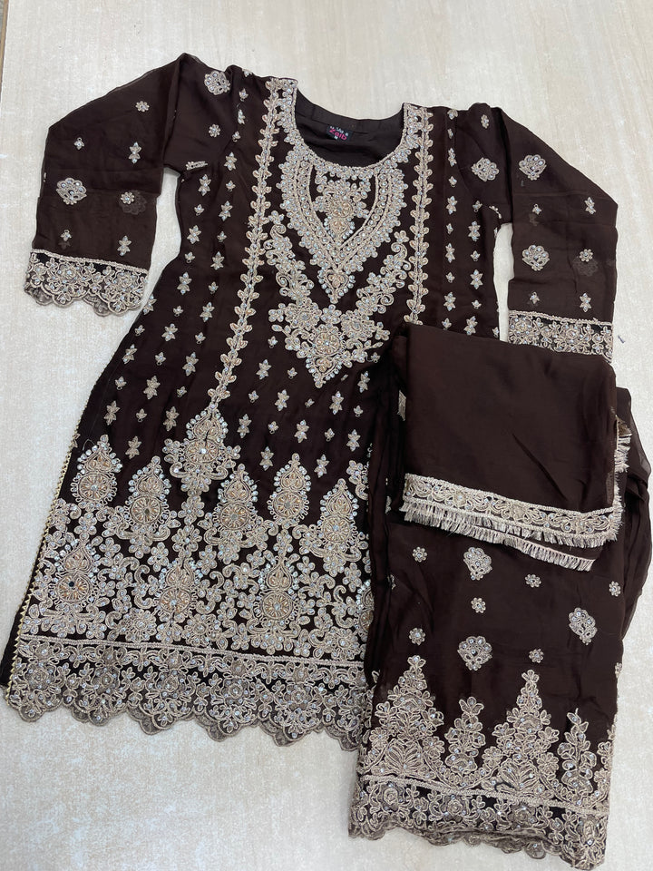 Aisha - Brown embroidered Plazo - Rose Gold Embroidered & Gem work - 3Pcs