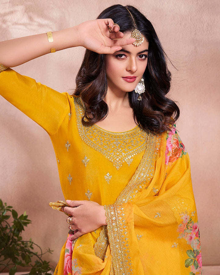 Mahira – Yellow Sequins Embroidered Kurti Plazo Set with Digital Floral Dupatta – 3 Pcs