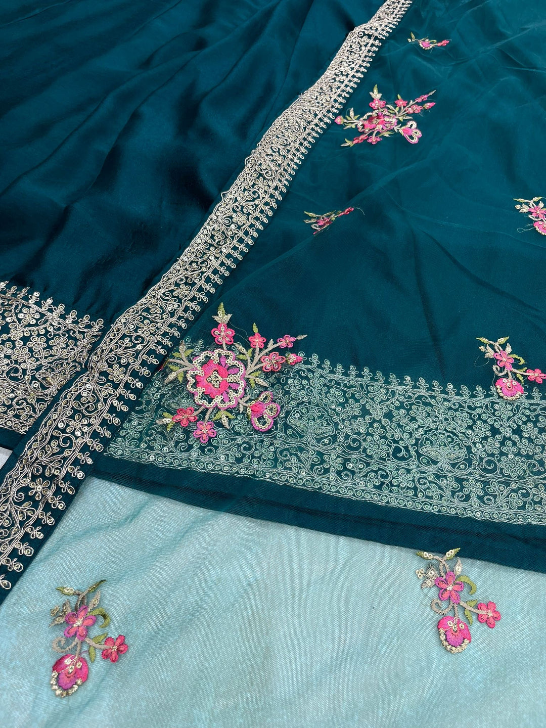 Marwah - Teal Green Embroidered Anarkali with Net Dupatta - 3 Pcs