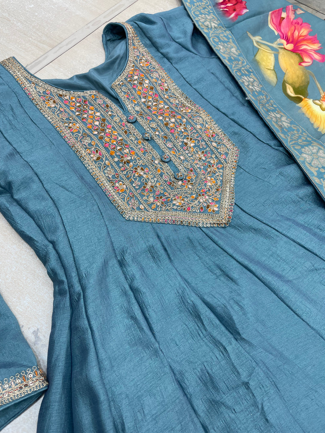 Aaliyah - Turquoise embroidered anarkali With with print scarf - 3 Pcs