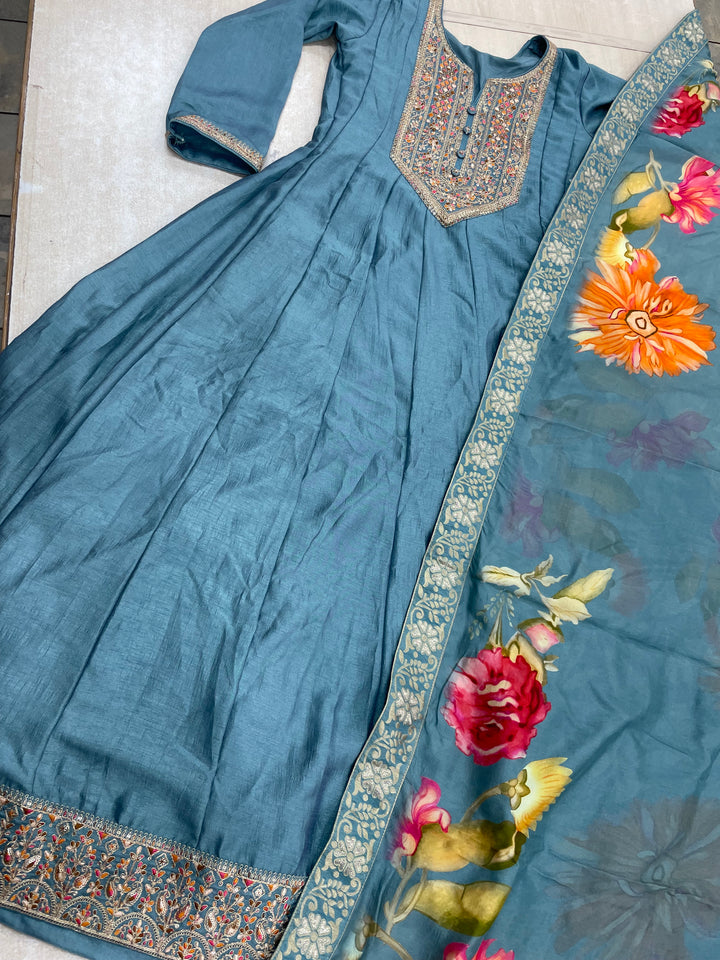 Aaliyah - Turquoise embroidered anarkali With with print scarf - 3 Pcs
